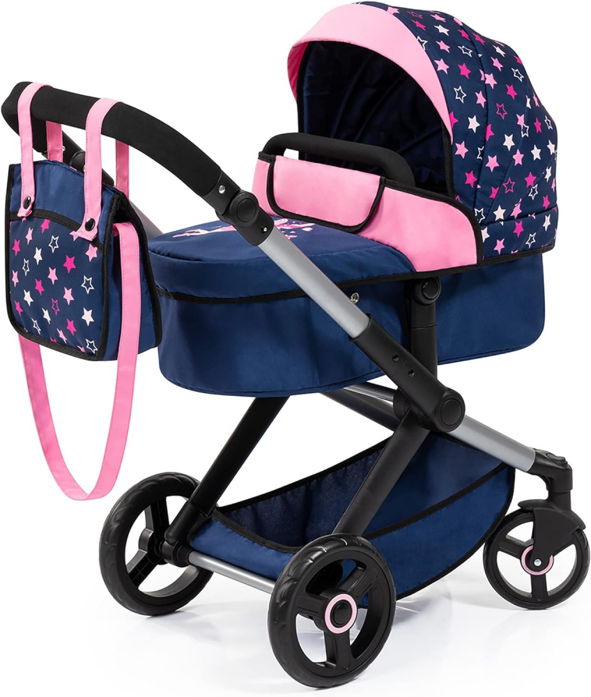 Carucior transformabil 2in1 pentru papusi Bayer Xeo Pink Stars cu gentuta de umar,maner reglabil 58-71 cm,roti pivotante rezistente,cadru pliabil,pentru papusi de maxim 56cm,dimensiune 68x37x73 cm