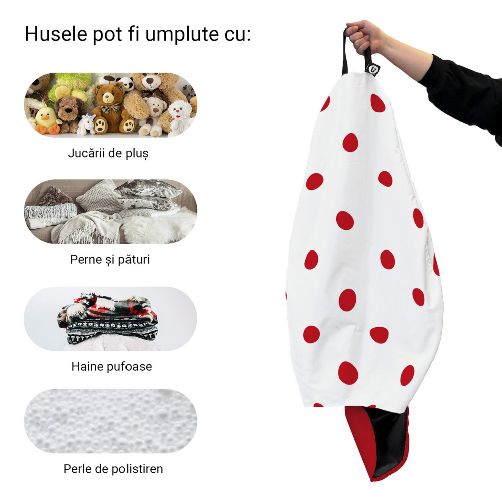 Husa fotoliu Puf Bean Bag tip Para L fara umplutura alb cu buline rosii