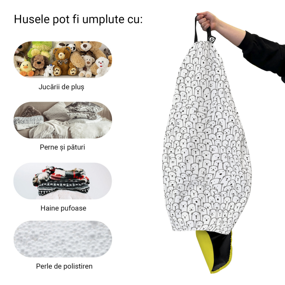 Husa fotoliu Puf Bean Bag tip Para L fara umplutura alb cu ursi