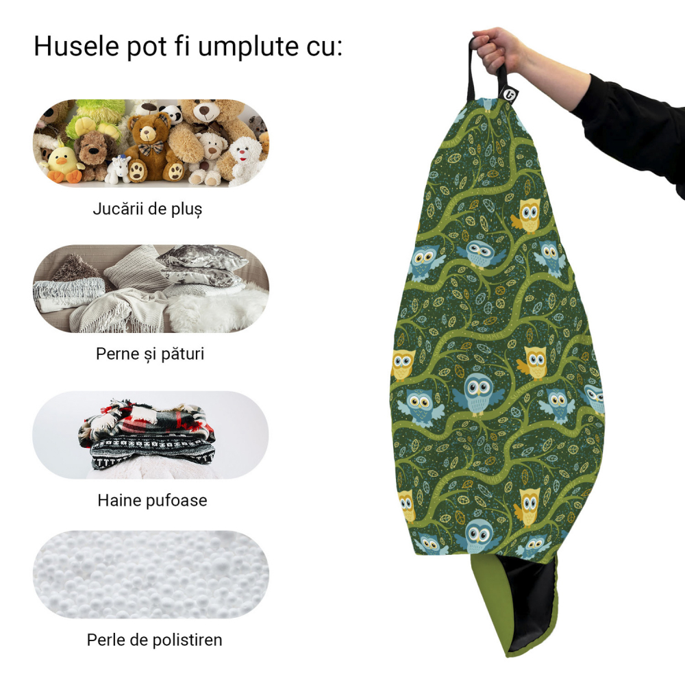 Husa fotoliu Puf Bean Bag tip Para L fara umplutura bufnite verde