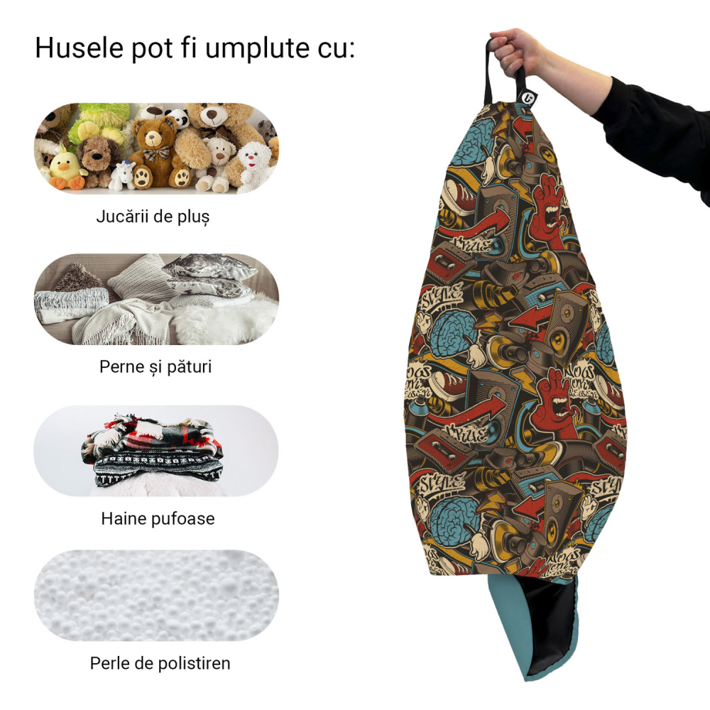 Husa fotoliu Puf Bean Bag tip Para L fara umplutura graffiti retro maro