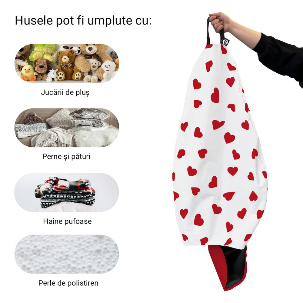 Husa fotoliu Puf Bean Bag tip Para L fara umplutura inimi fundal alb