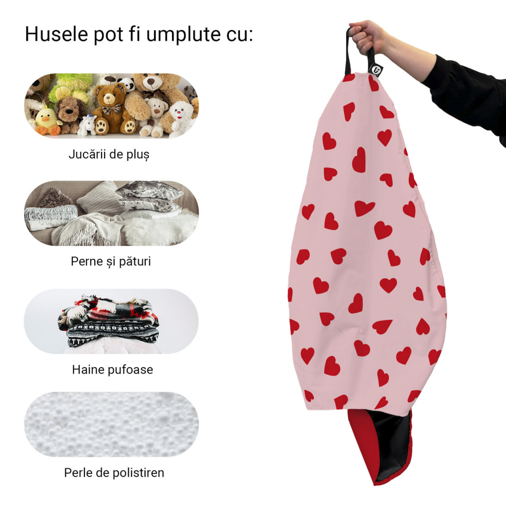 Husa fotoliu Puf Bean Bag tip Para L fara umplutura inimi fundal roz