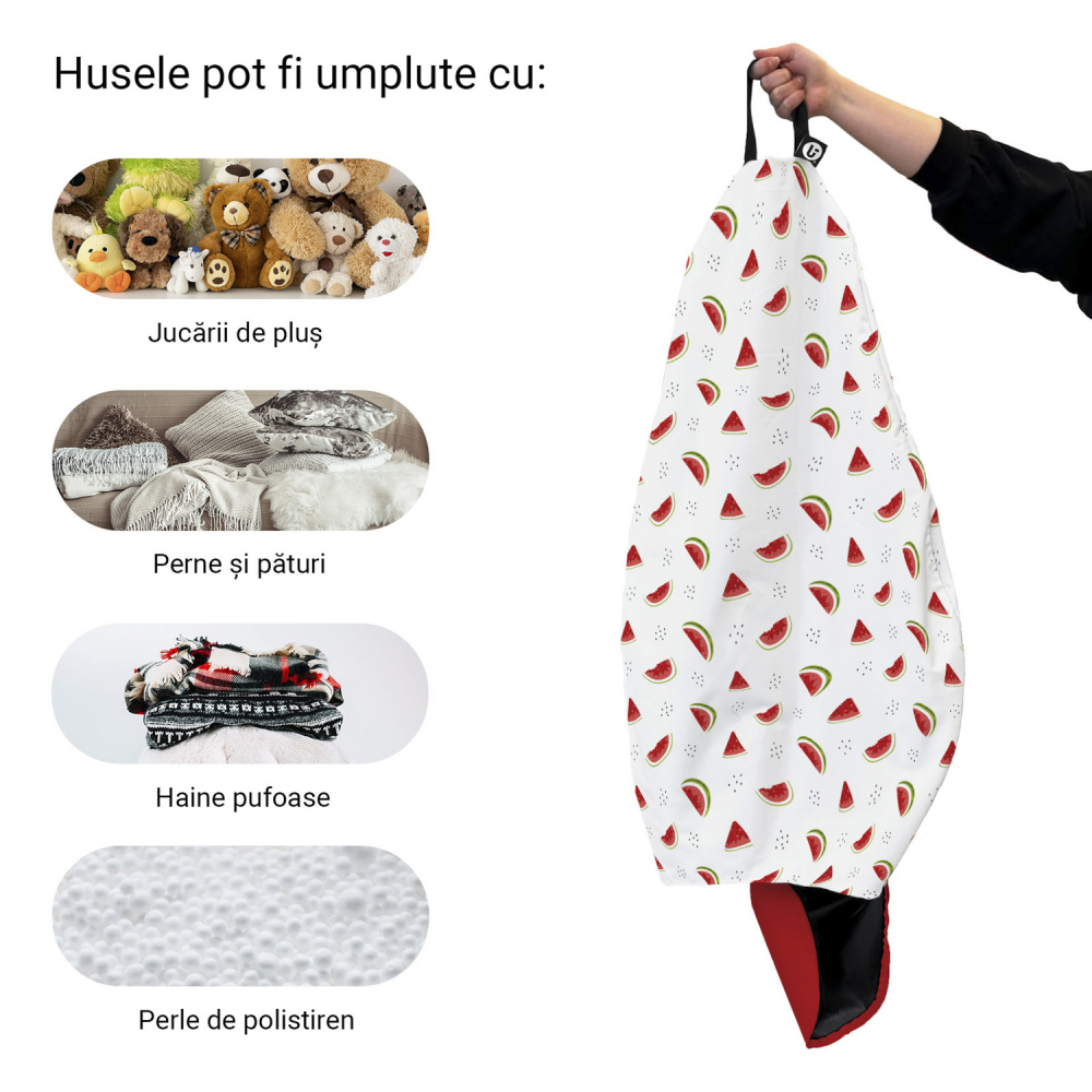 Husa fotoliu Puf Bean Bag tip Para XL fara umplutura alb cu felii de pepene