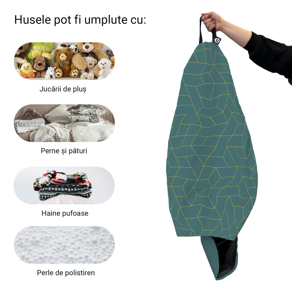 Husa fotoliu Puf Bean Bag tip Para XL fara umplutura turcoaz inchis si linii aurii