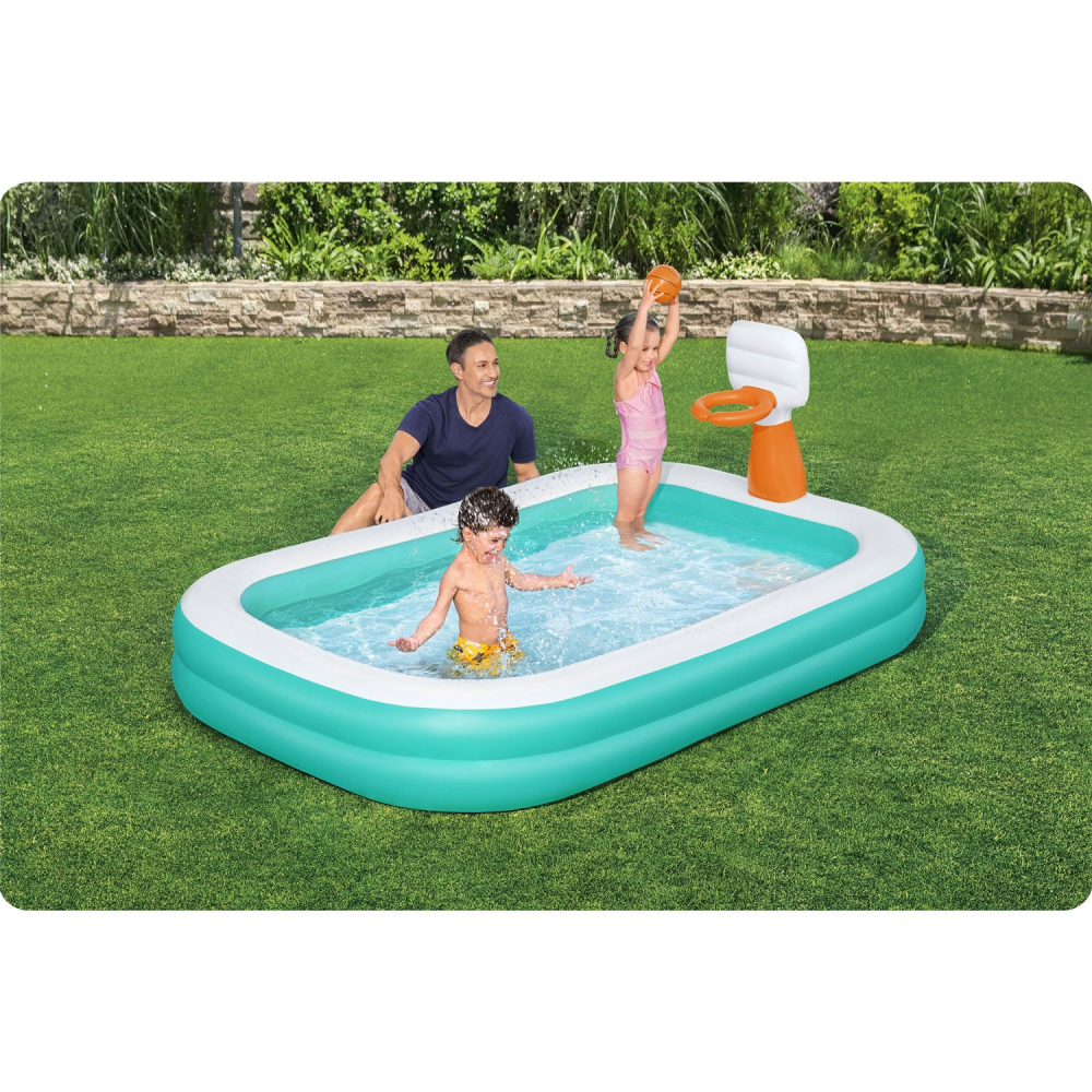 Piscina gonflabila Bestway DunkN Splash 251x168x102 cm cu cos de baschet si mingie incluse Albastru