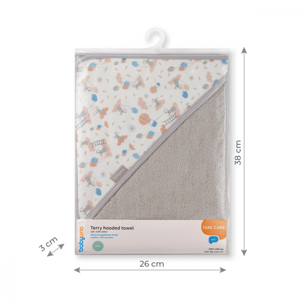 Prosop baie cu gluga bumbac soft 100 x 100 cm Babyono gri - 1 | YEO