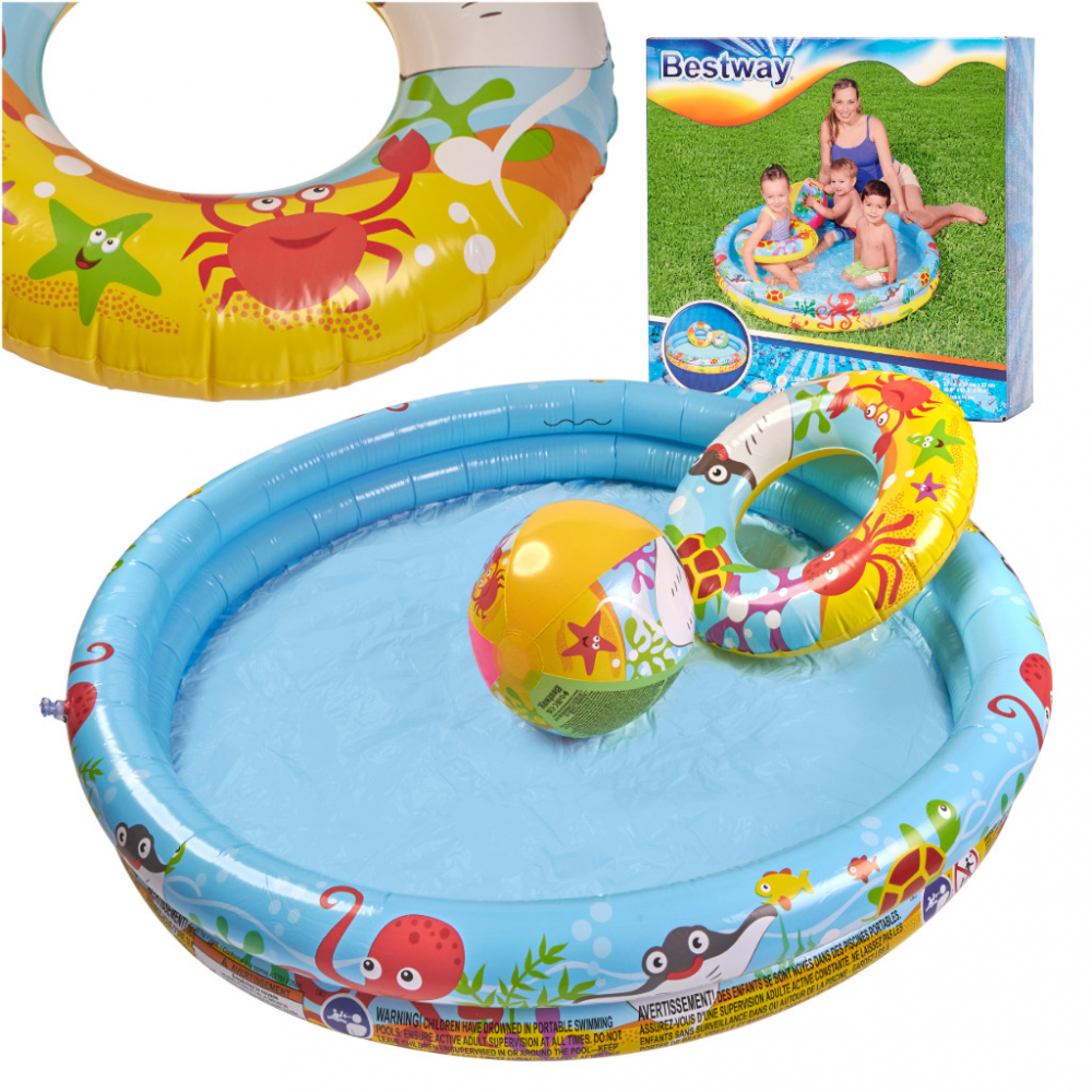 Set 3 piese Piscina gonflabila colac si minge Multicolor 122 cm Marine Life