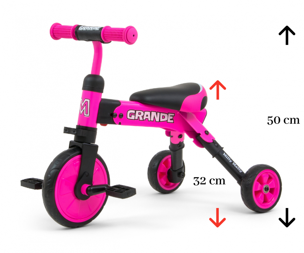 Tricicleta pentru copii Milly Mally Grande pink, pliabila, transformabila in bicicleta fara pedale, cu roti din cauciuc Eva, pedale detasabile, sezut confortabil, pentru copii cu sarcina maxima 25kg