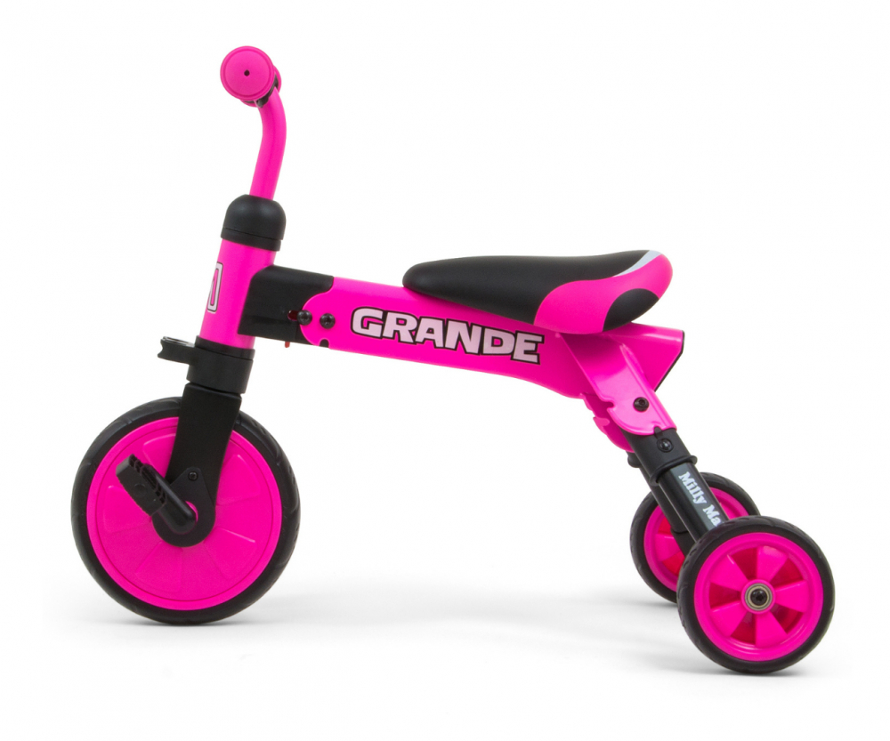 Tricicleta pentru copii Milly Mally Grande pink, pliabila, transformabila in bicicleta fara pedale, cu roti din cauciuc Eva, pedale detasabile, sezut confortabil, pentru copii cu sarcina maxima 25kg - 1 | YEO