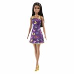 Papusa Barbie clasica bruneta cu rochita mov cu imprimeu cu fluturi