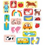 Joc tip puzzle pentru copii si bebelusi Banana Panda 18 imagini cu fructe, animale, vehicule formate din 2 piese