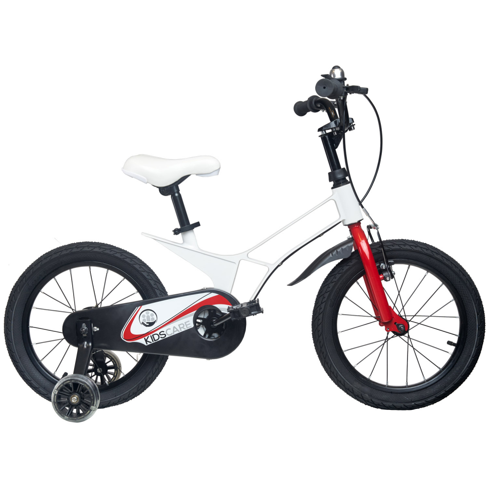 Bicicleta pentru copii 5-8 ani KidsCare cu cadru din magneziu roti 16 inch cu roti ajutatoare alba
