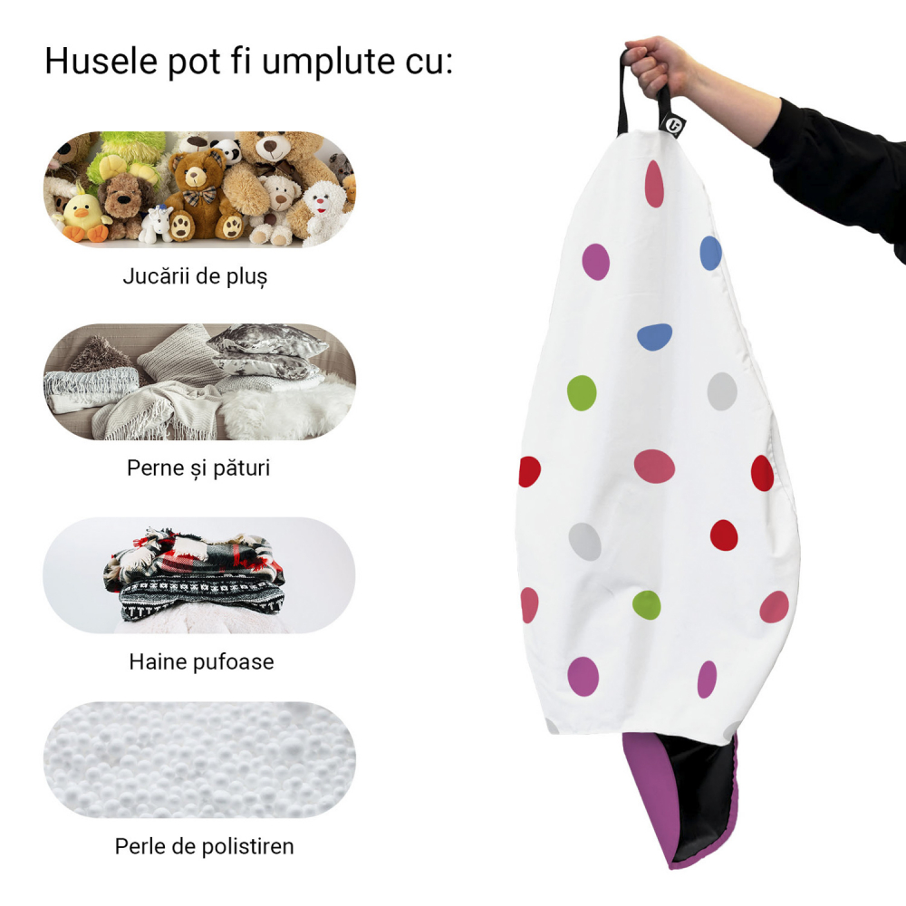 Husa fotoliu Puf Bean Bag tip Para XL fara umplutura alb cu buline multicolore