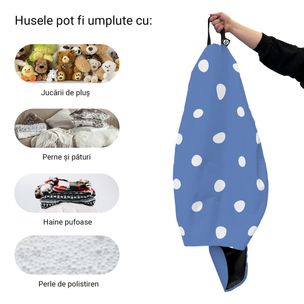 Husa fotoliu Puf Bean Bag tip Para XL fara umplutura albastru cu buline albe