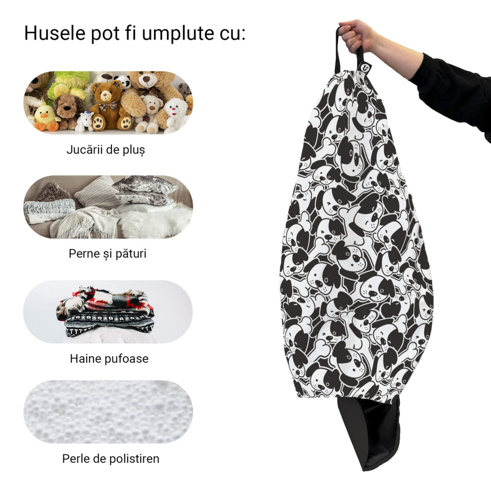 Husa fotoliu Puf Bean Bag tip Para XL fara umplutura caini alb-negru
