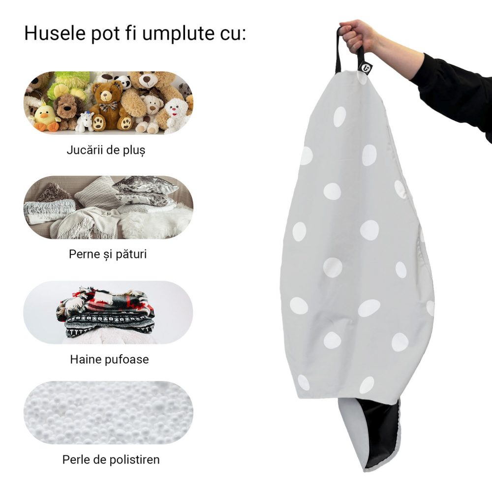 Husa fotoliu Puf Bean Bag tip Para XL fara umplutura gri cu buline albe