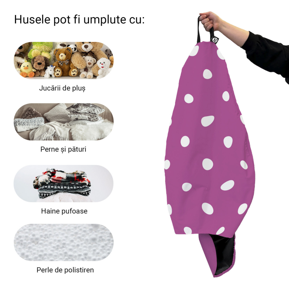 Husa fotoliu Puf Bean Bag tip Para XL fara umplutura mov cu buline albe