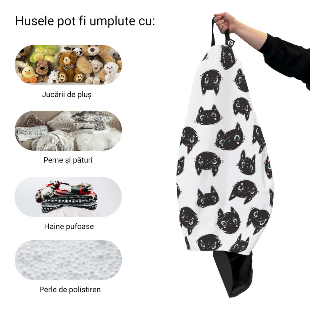 Husa fotoliu Puf Bean Bag tip Para XL fara umplutura Pisici alb-negru