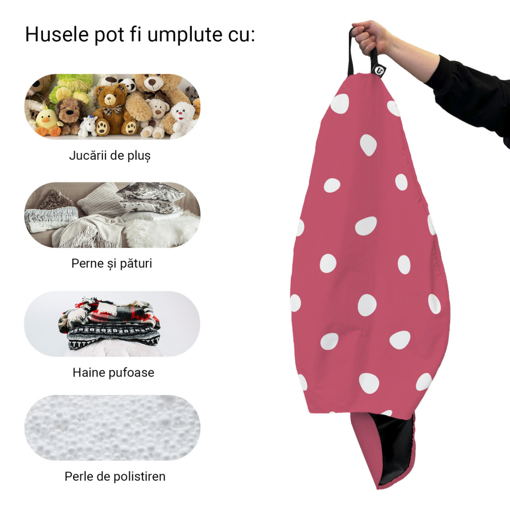 Husa fotoliu Puf Bean Bag tip Para XL fara umplutura roz cu buline albe