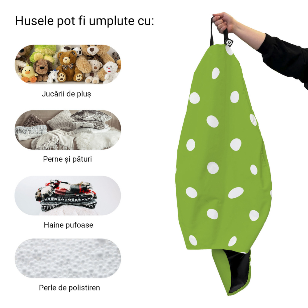 Husa fotoliu Puf Bean Bag tip Para XL fara umplutura verde cu buline albe