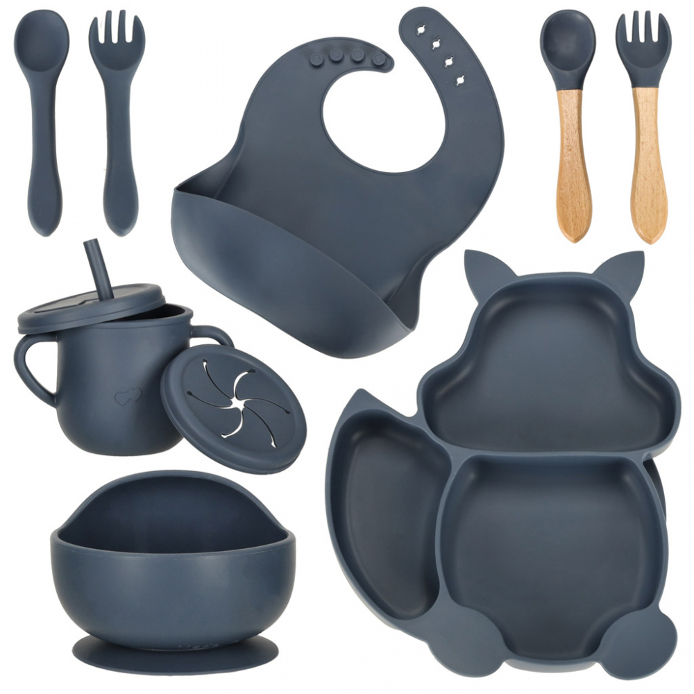 Set diversificare hrana bebelusi cu 9 elemente din silicon Dark Blue Squirrel