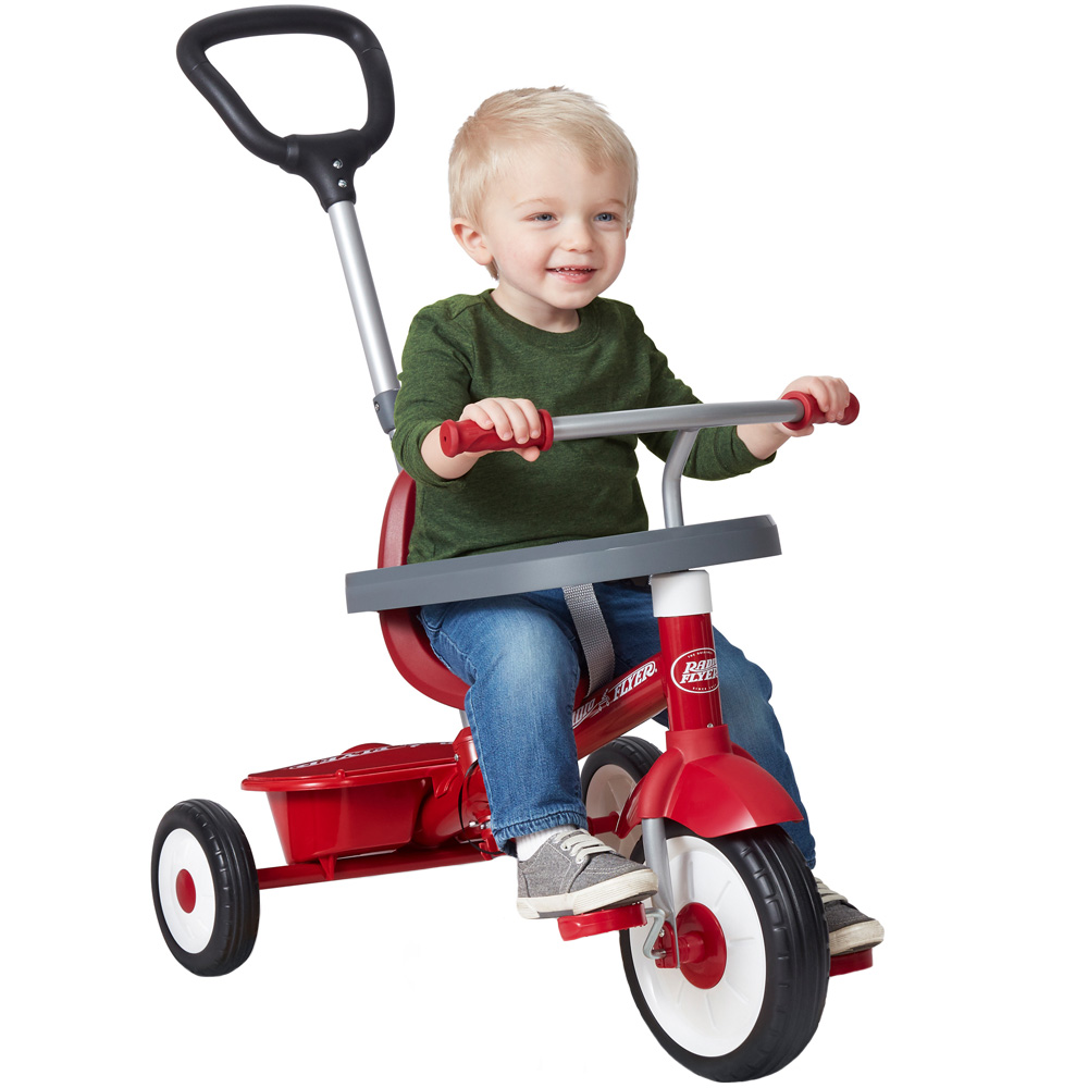 Tricicleta Radio Flyer 3 in 1 Stroll N Trike rosu cu scaun cu pozitie ajustabila, roti silentioase, maner reglabil pe inaltime si detasabil, sistem roata libera, pana la 25 kg