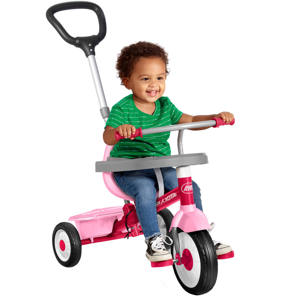 Tricicleta Radio Flyer 3 in 1 Stroll N Trike roz cu scaun cu pozitie ajustabila, roti silentioase, maner reglabil pe inaltime si detasabil, sistem roata libera, pana la 25 kg