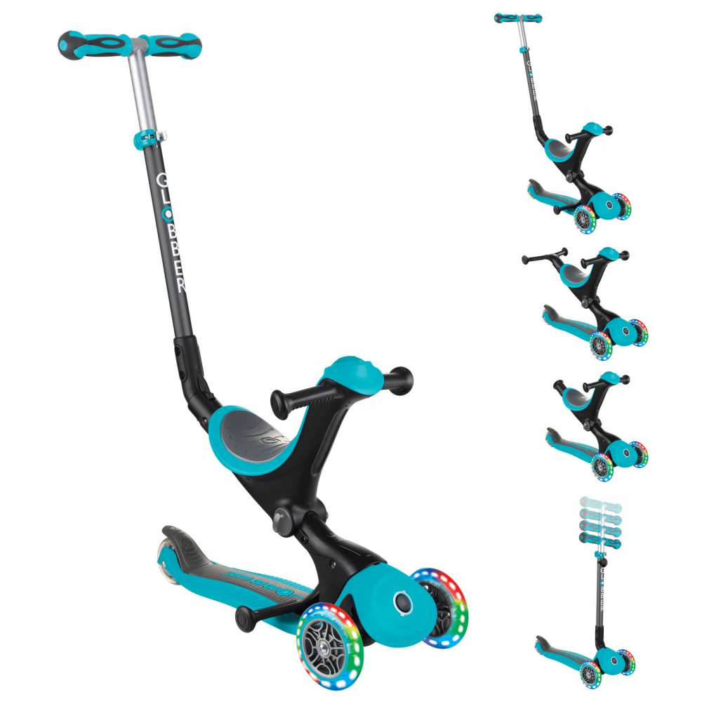 Trotineta evolutiva Globber Go-Up 4 in 1 Deluxe Lights Turquoise, ghidon reglabil din aluminiu, scaun, maner parinte, roti cu Led, greutate admisa 50 kg - 2 | YEO