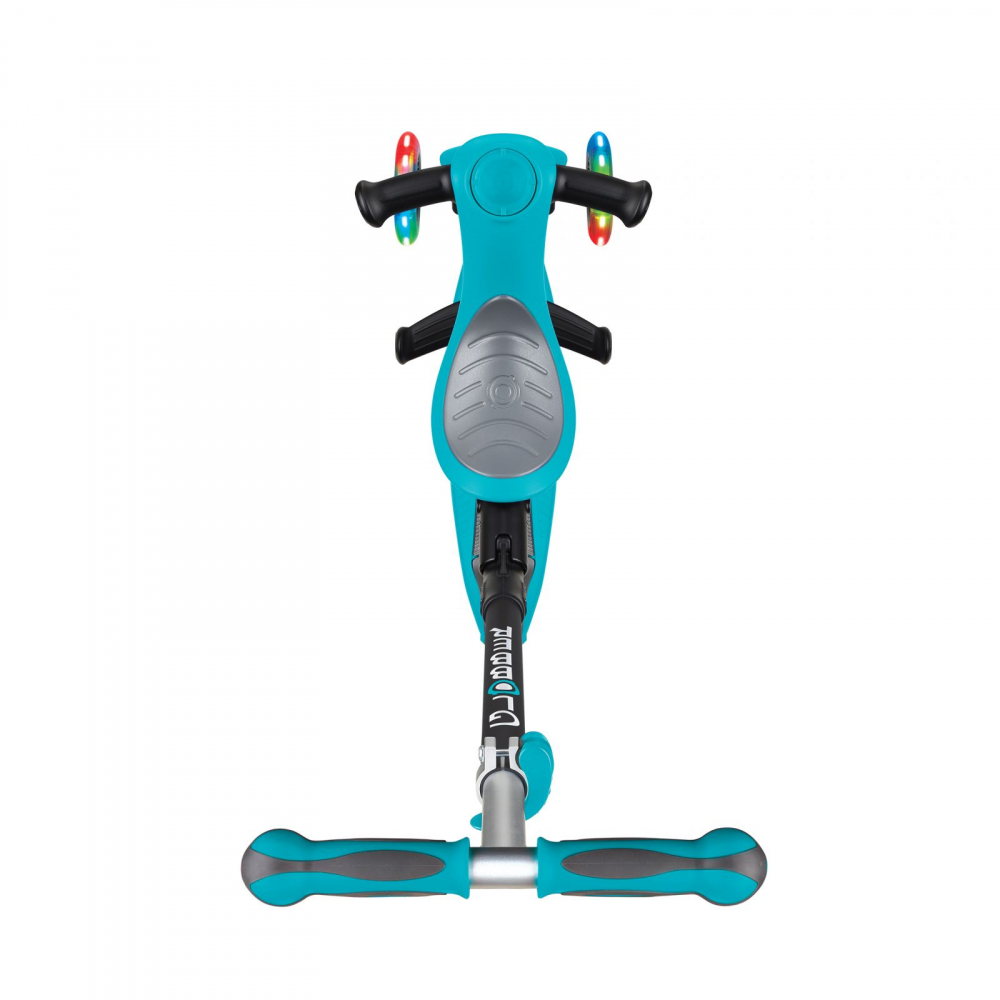 Trotineta evolutiva Globber Go-Up 4 in 1 Deluxe Lights Turquoise, ghidon reglabil din aluminiu, scaun, maner parinte, roti cu Led, greutate admisa 50 kg - 4