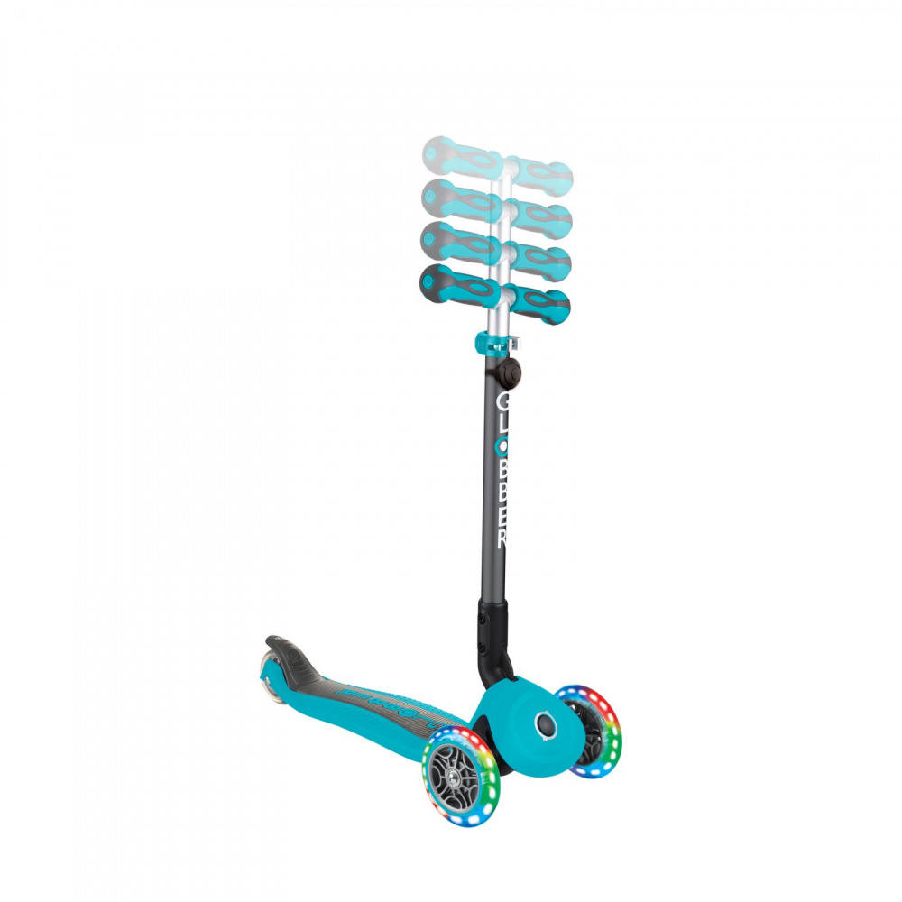 Trotineta evolutiva Globber Go-Up 4 in 1 Deluxe Lights Turquoise, ghidon reglabil din aluminiu, scaun, maner parinte, roti cu Led, greutate admisa 50 kg - 7