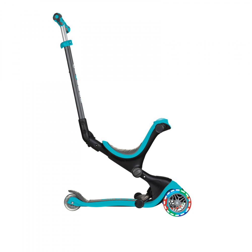 Trotineta evolutiva Globber Go-Up 4 in 1 Deluxe Lights Turquoise, ghidon reglabil din aluminiu, scaun, maner parinte, roti cu Led, greutate admisa 50 kg - 10