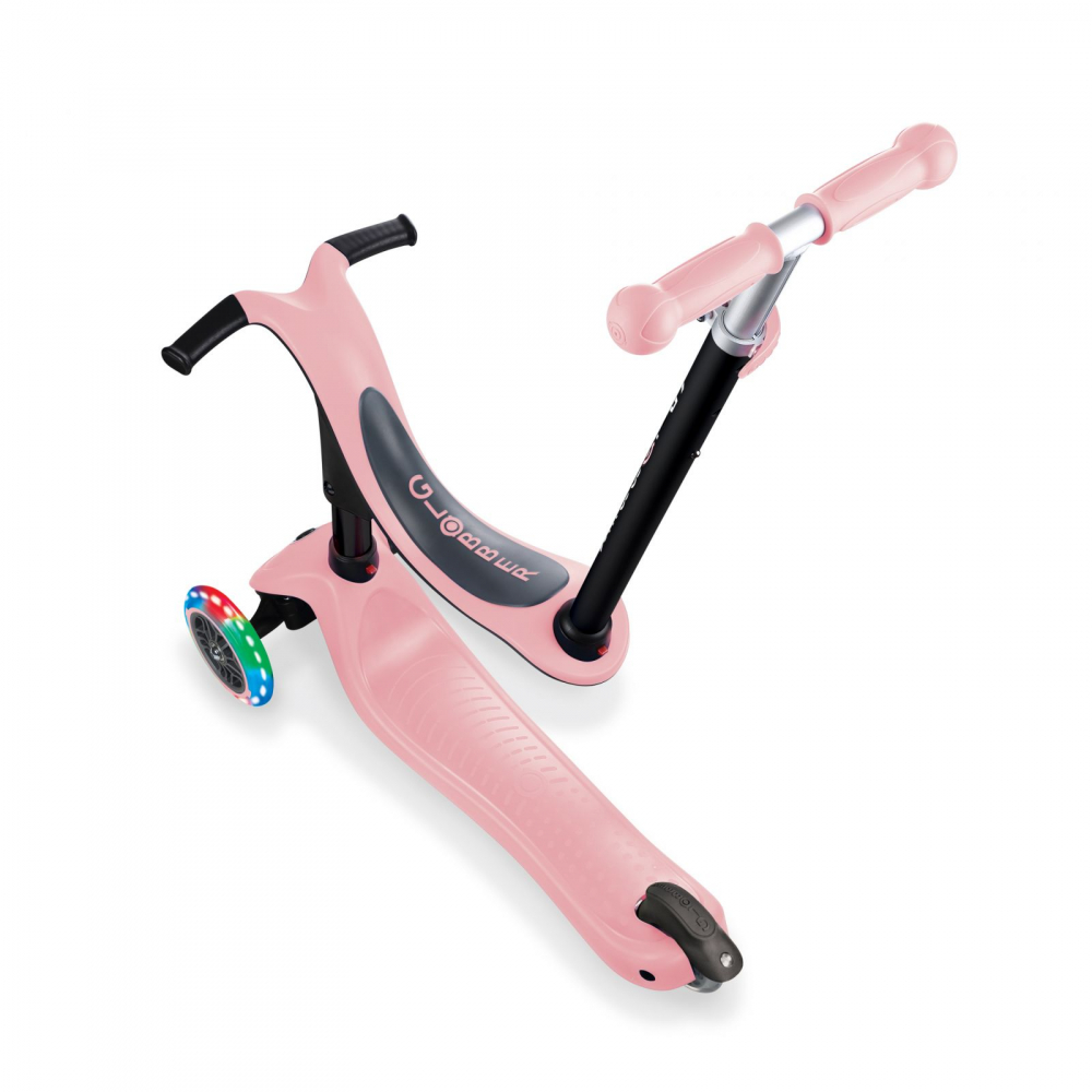 Trotineta 3 in 1 Globber Go-Up Sporty Roz Pastel, roti Led, scaun, maner parinte, ghidon reglabil, greutate admisa 50 kg