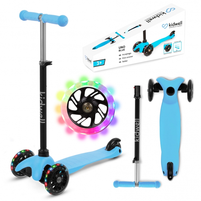 Trotineta Kidwell UNO blue, 3 roti cu lumini LED, ghidon reglabil din aluminiu, greutate maxima 25 kg, varsta 3 ani+