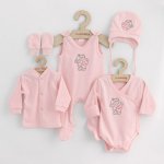 Set 5 piese New Baby salopeta fara maneci, jacheta, body cu maneca lunga, caciulita si manusi marime 56 Classic Pink