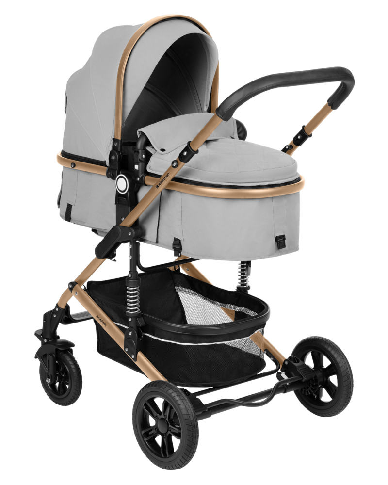 Carucior transformabil KikkaBoo 3in1 pana la 22kg,cadru din aluminiu,suspensii pe roti si cadru,spatar reglabil,sezut reversibil,Scaun auto I-Size,geanta,suport pahar si accesorii incluse Amaia Light Grey 2024