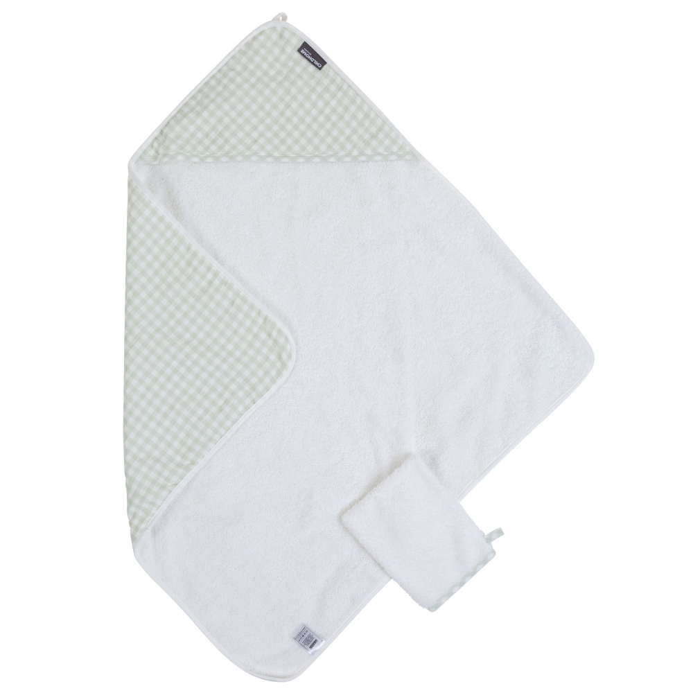 Prosop cu gluga si manusa de baie Childhome 80x80 cm jerse muselina verde