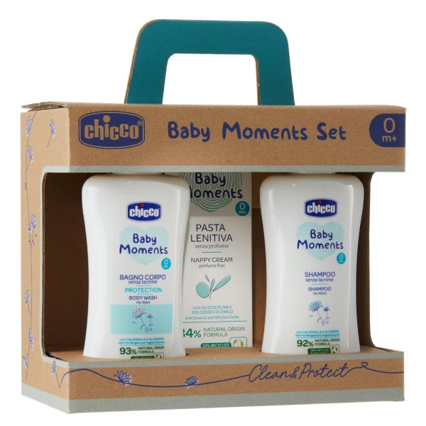 Set cadou cosmetice Chicco Baby Moments Skin CleanProtect gel de dus, sampon si crema iritatii scutec