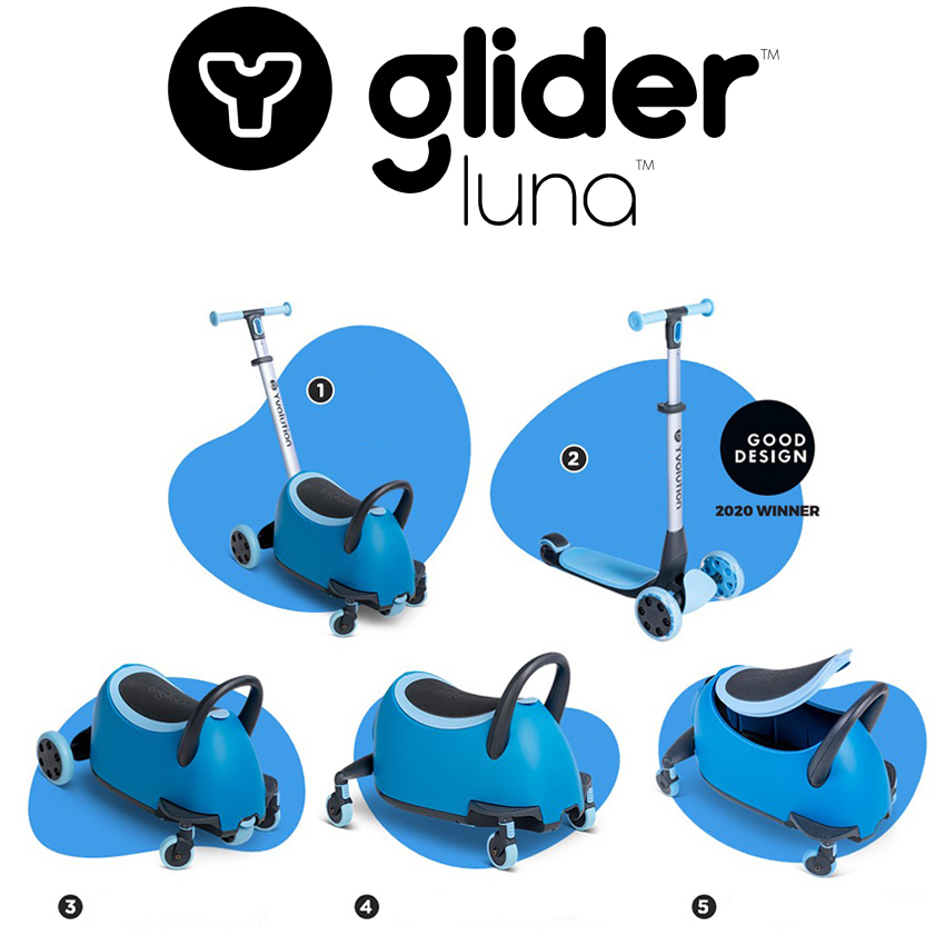 Trotineta 5 in 1 Yvolution Y Glider Luna blue cu spatiu depozitare, roti luminoase, greutate admisa 50 kg - 1