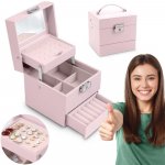 Cutie pentru bijuterii si accesorii 13x13x12.5cm Massido cu maner,oglinda,material exterior din piele PU,incuietoare si compartimentare practica Roz
