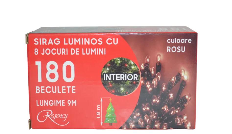 Instalatie de Craciun sirag luminos cu 8 jocuri de lumini 180 de beculete rosii