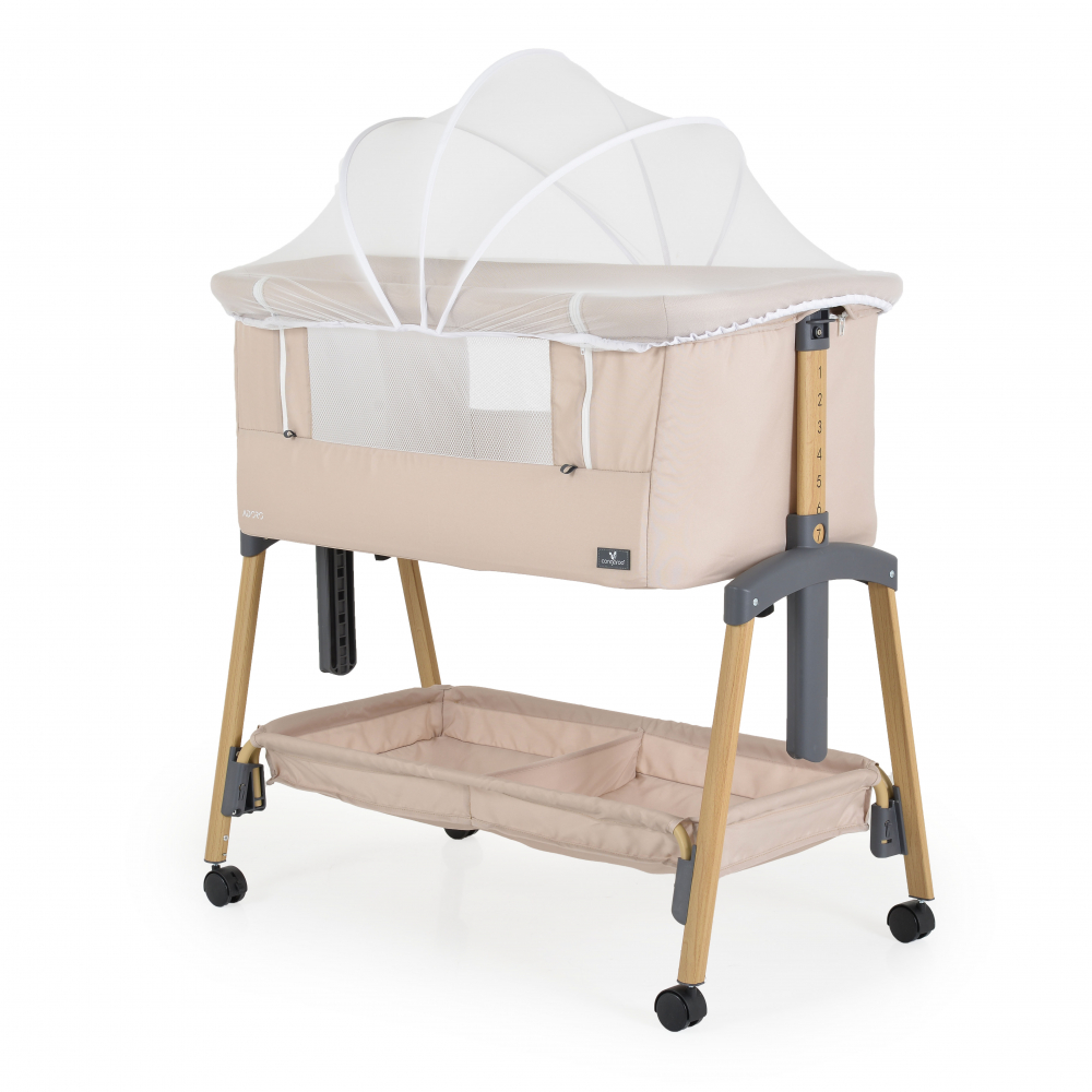 Patut Co-Sleeper Cangaroo Adoro Khaki 90x53 cm cu laterala culisanta, Saltea si Plasa de insecte incluse, Spatiu depozitare, 7 nivele de reglare a inaltimii, Roti cu frana
