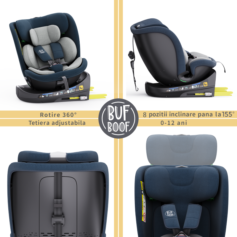 Scaun auto rotativ cu isofix B-Joy Deluxe Buf Boof iSize 40-150 cm blue - 7