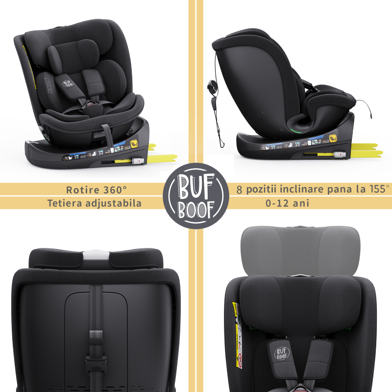 Scaun auto rotativ cu isofix B-Joy Deluxe Buf Boof iSize 40-150 cm black - 6