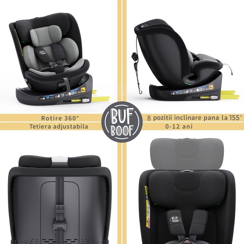 Scaun auto rotativ cu isofix B-Joy Deluxe Buf Boof iSize 40-150 cm grey - 3