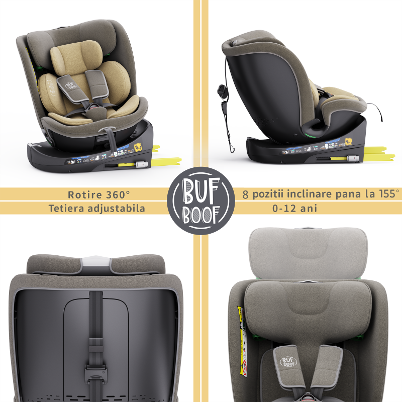 Scaun auto rotativ cu isofix B-Joy Deluxe Buf Boof iSize 40-150 cm lightbrown - 6