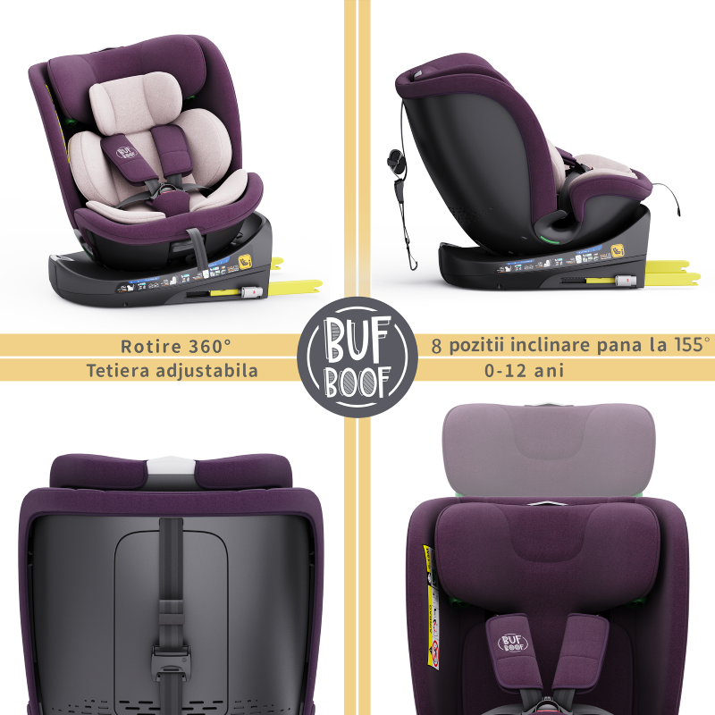 Scaun auto rotativ cu isofix B-Joy Deluxe Buf Boof iSize 40-150 cm purple - 2