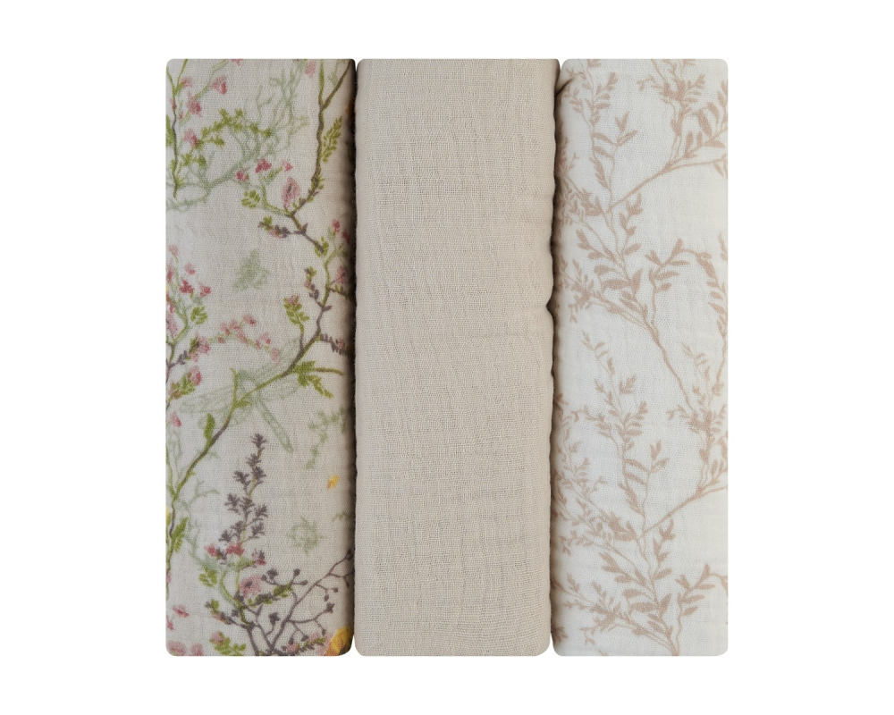 Set 3 scutece din muselina KikkaBoo 75x75 cm Secret Garden Beige