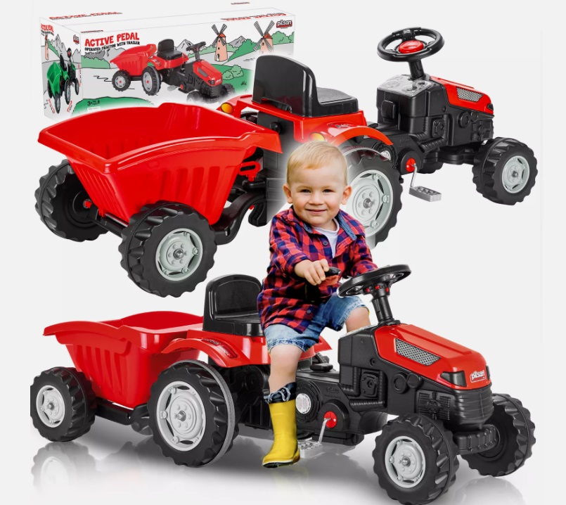 Tractor cu pedale si remorca pentru copii de la 3ani pana la 50kg,volan cu claxon si transmisie pe lant Pilsan Active Red - 1