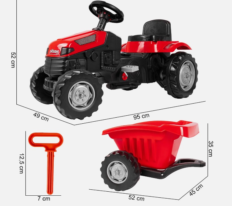 Tractor cu pedale si remorca pentru copii de la 3ani pana la 50kg,volan cu claxon si transmisie pe lant Pilsan Active Red - 4